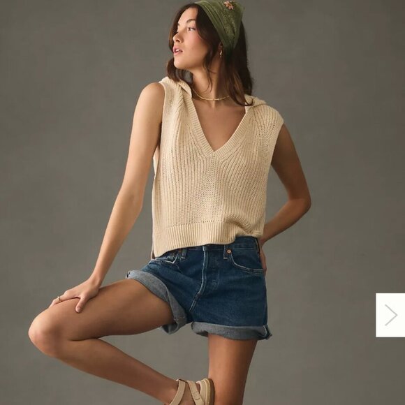 Pilcro V-Neck Hooded Sweater Vest Knit Cream sz XXS - Picture 4 of 15